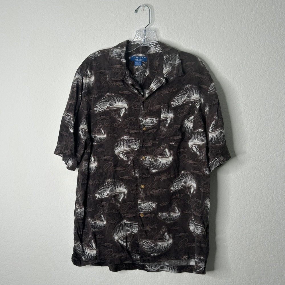 Puritan Bass All Over Print Fishing Shirt Grizzly Brown Rayon Button Down Mens M
